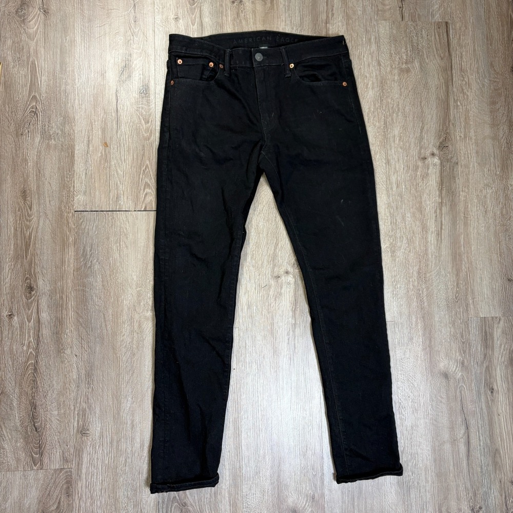 American Eagle Airflex+ Skinny Jeans Mens 34x32 Black Denim Punk Rock Dark - Picture 1 of 8
